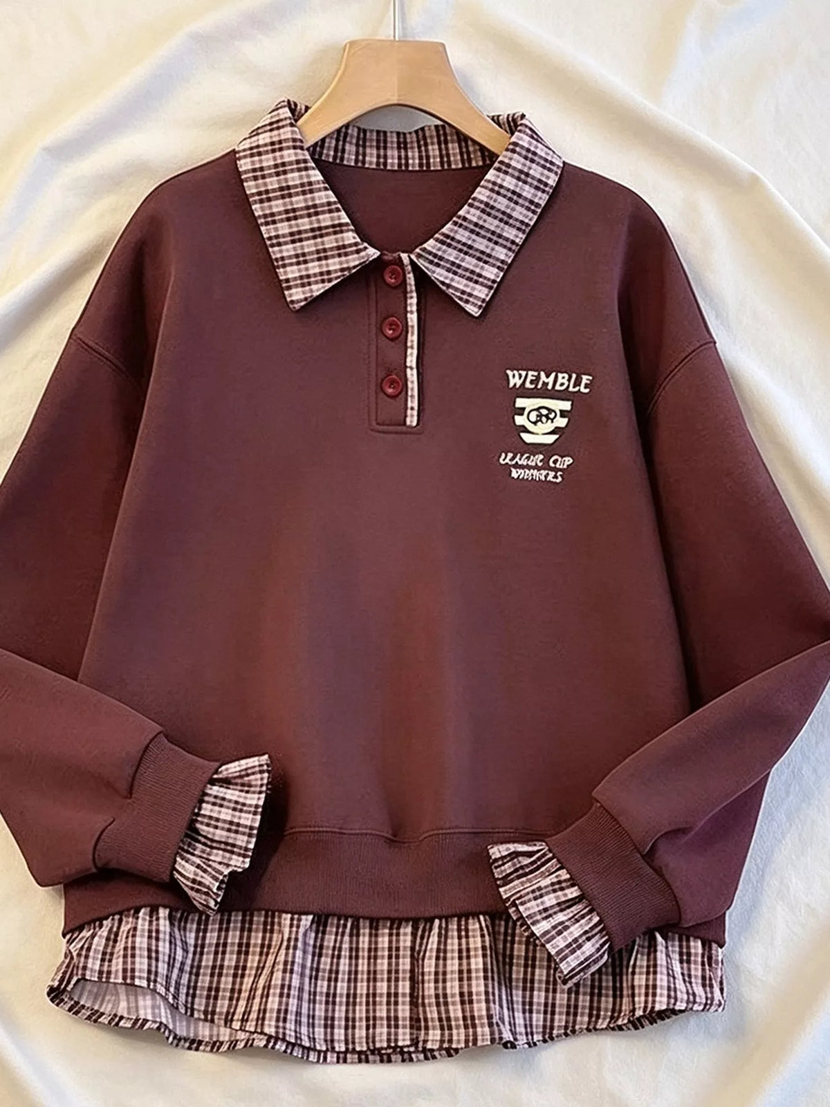 Plaid Collared Faux-Layered Hem Sweatshirt - Lilixa.store