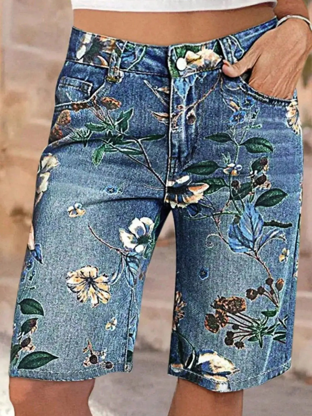 Floral Print Denim Shorts in Blue, view 2