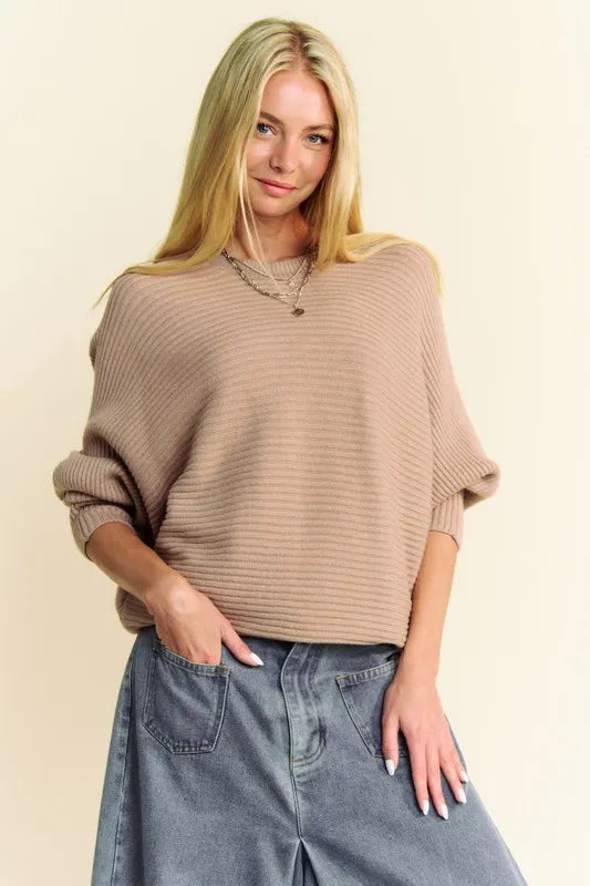Davi & Dani Round Neck Batwing Sleeve Sweater - Lilixa.store