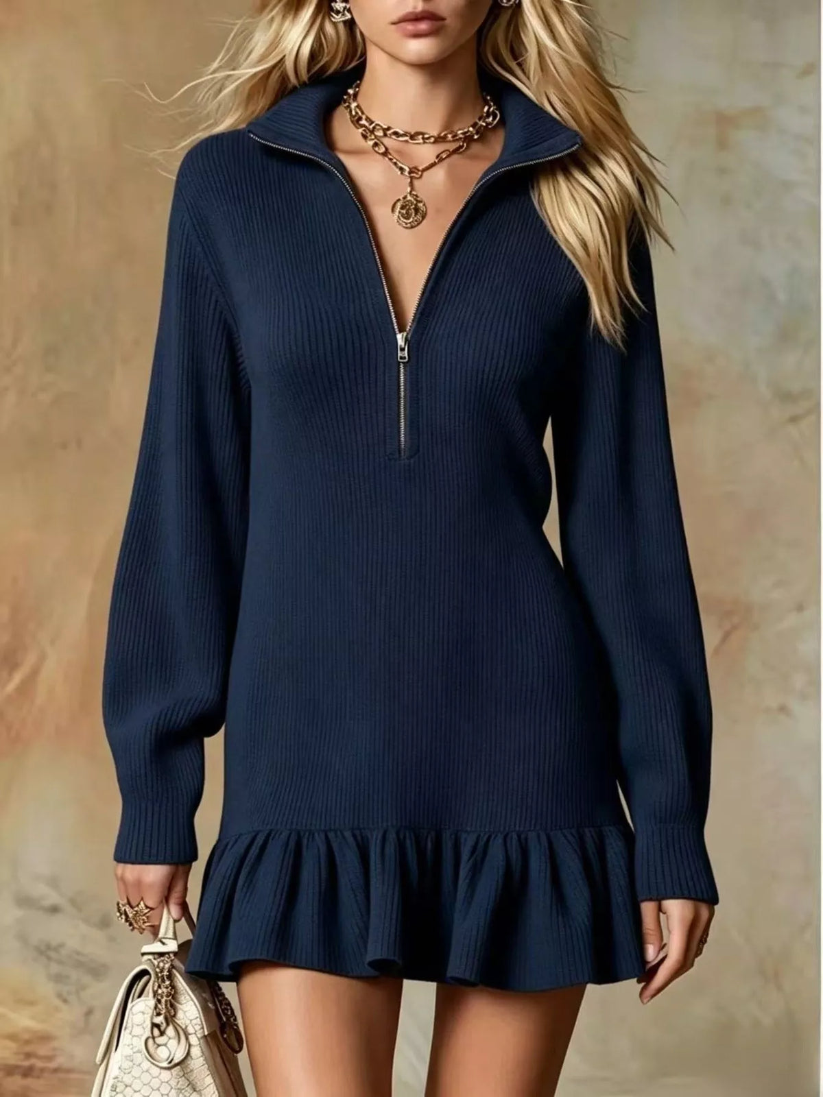 Ruffle Hem Half Zip Dress - Lilixa.store