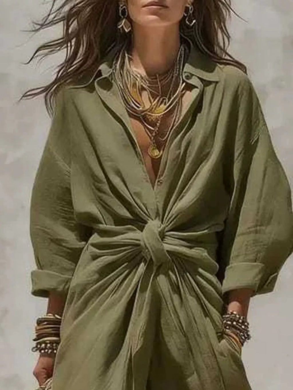 Front-Tie Maxi Shirt Dress - Lilixa.store
