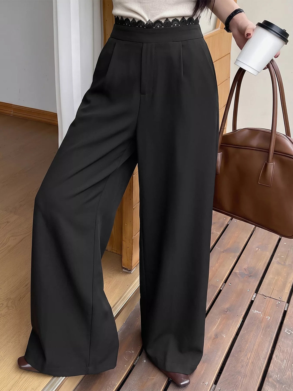 High-Waisted Wide-Leg Lace-Trimmed Pants - Lilixa.store