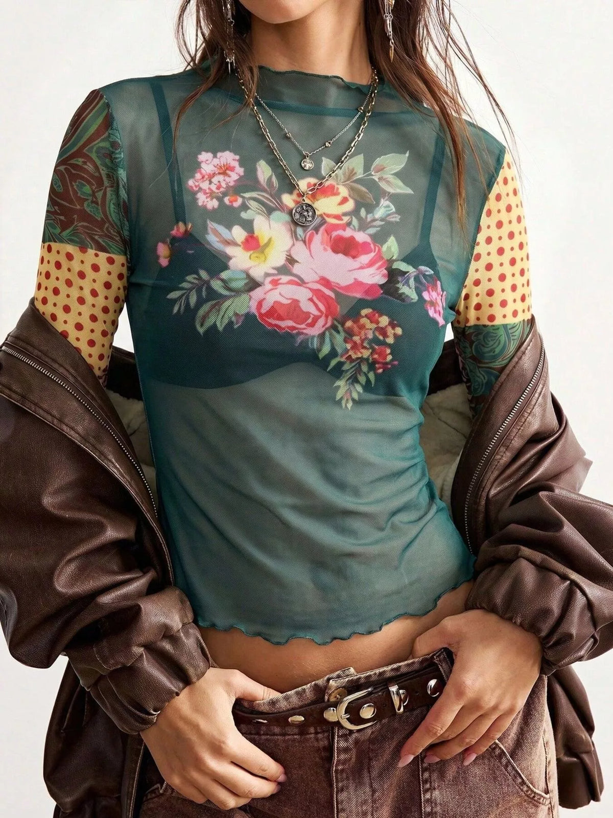 Floral Print Mesh Mock Neck Long Sleeve Top in Dark Green