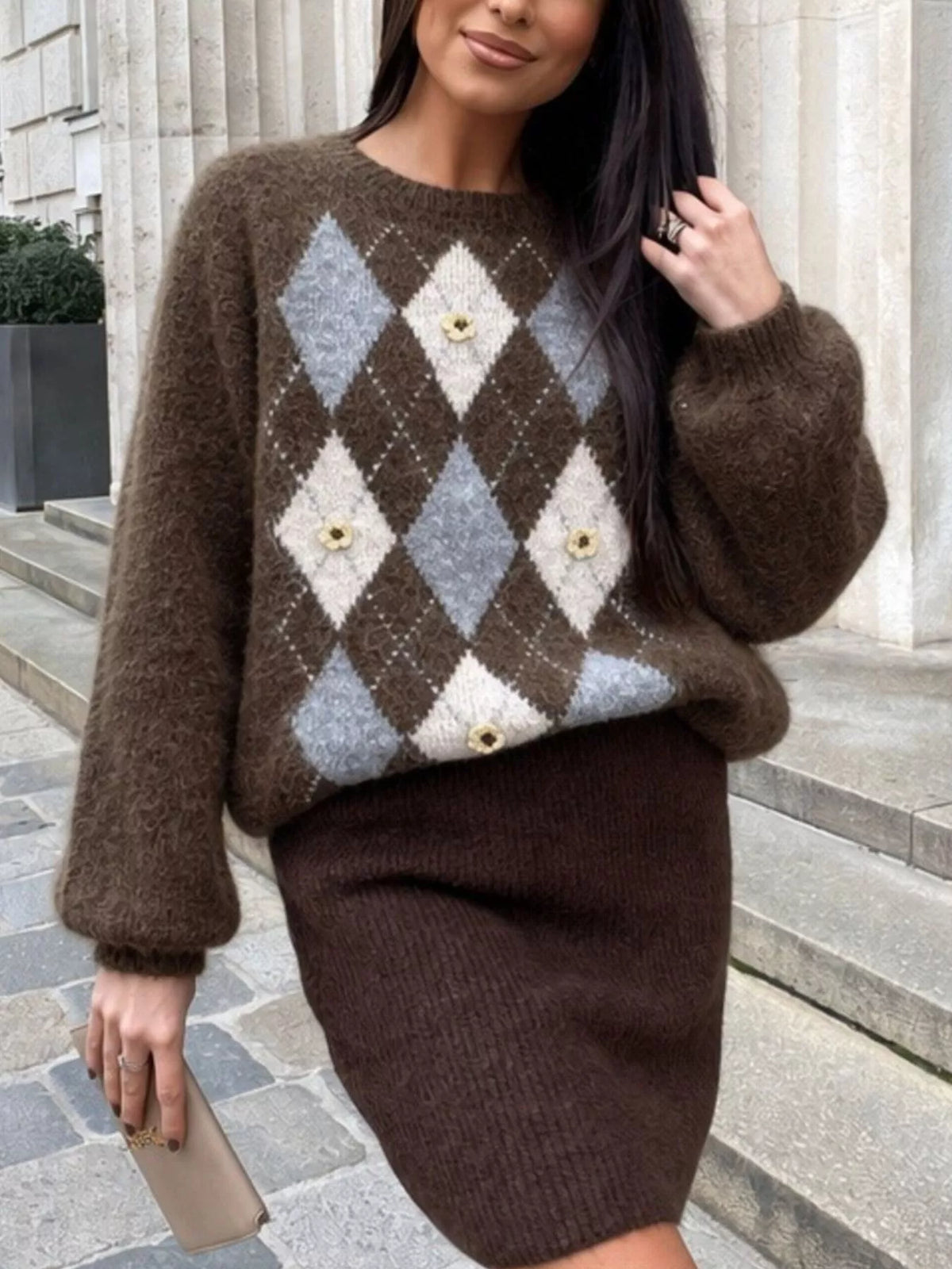 Argyle Pattern Raglan Sleeve Sweater, view 5
