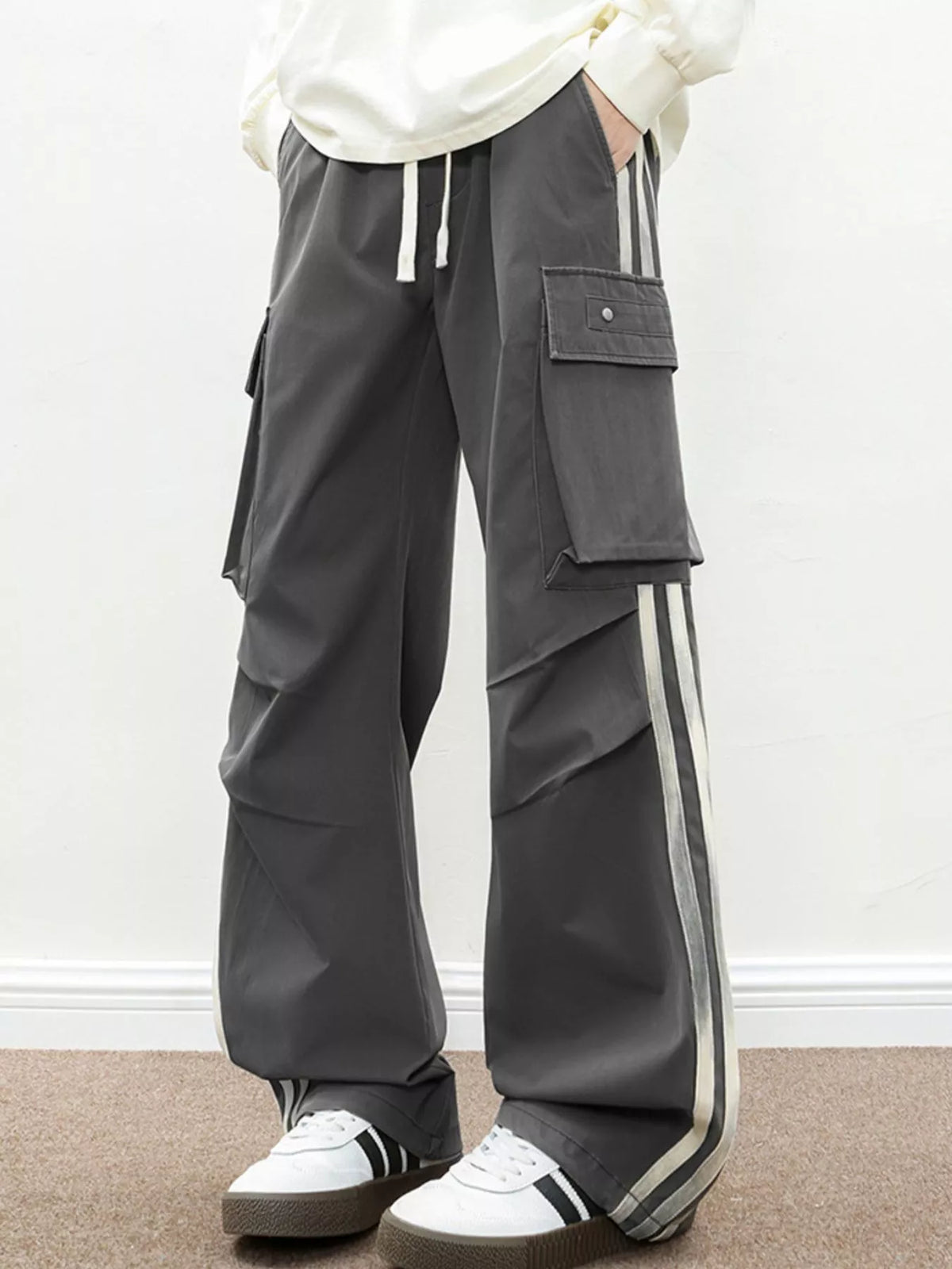 Men's Plus Size Casual Loose Cargo Pants with Side Stripes in Dark Gray
