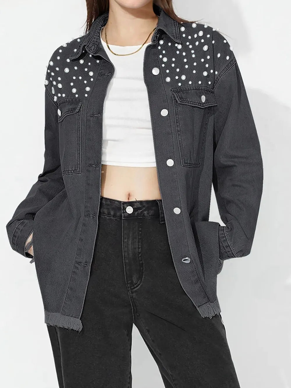 Raw Hem Pearl Trim Collared Neck Denim Top - Lilixa.store