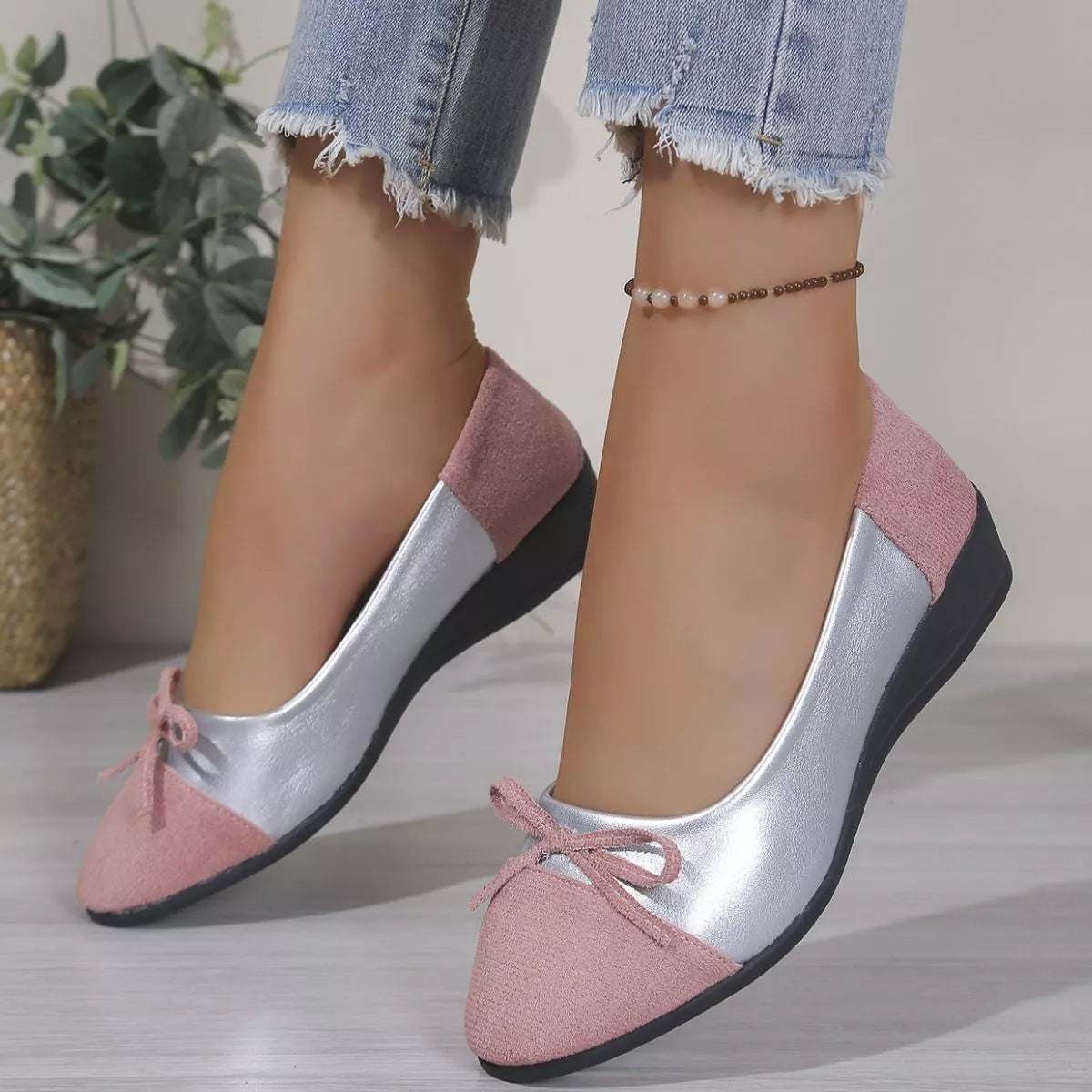 Bow Accent Two-Tone Slip-Ons in Pink