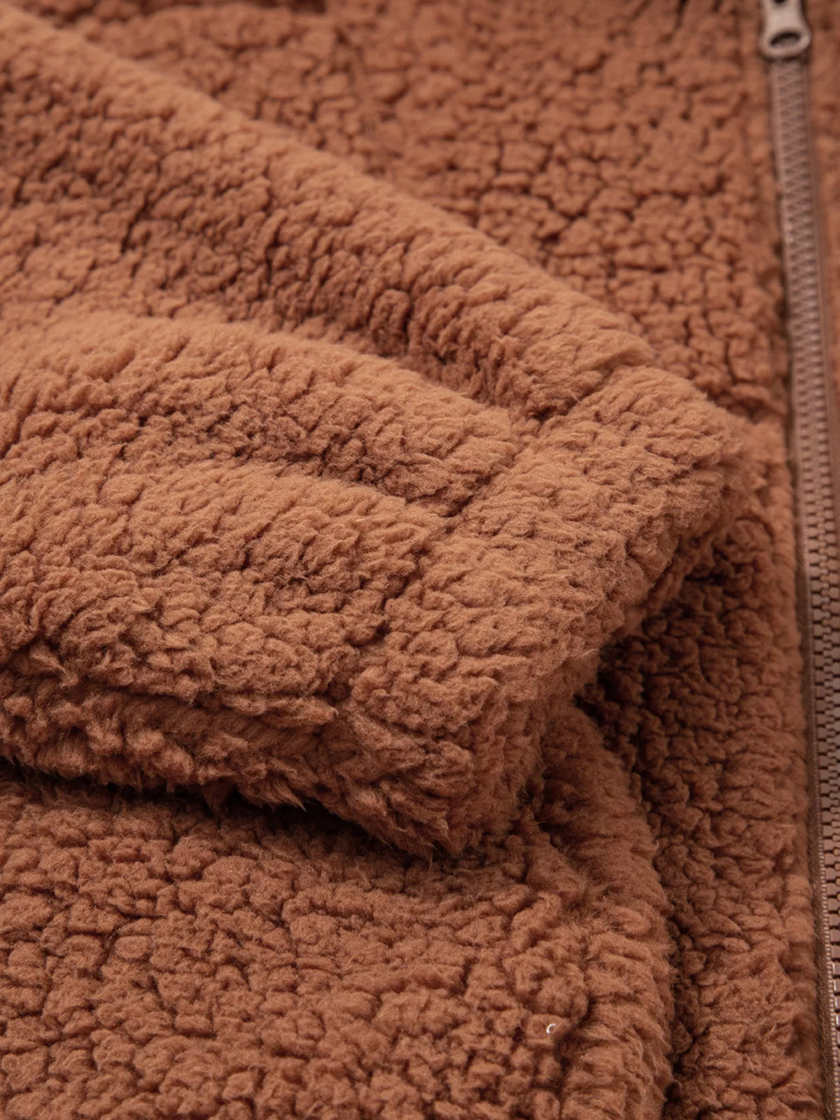 Zip Up Hooded Sherpa Jacket in Caramel, view 13