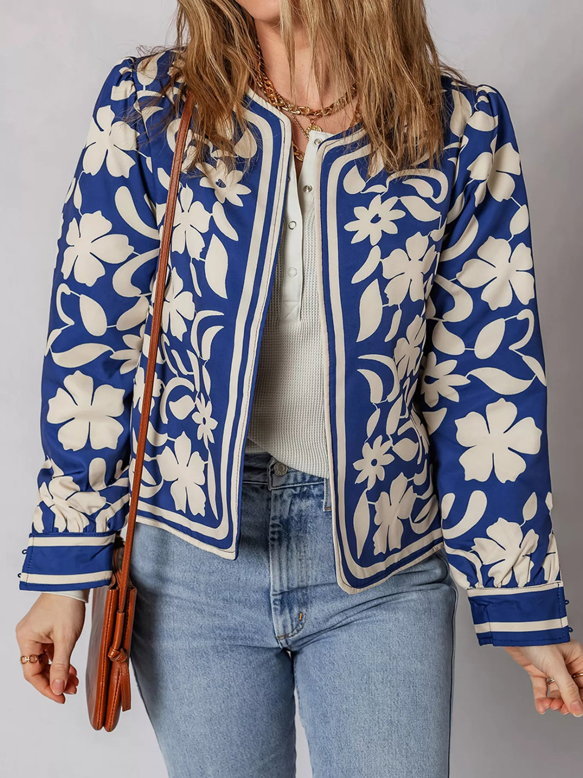 Flower Print Open Front Buttoned Cuffs Elegant Jacket in Dusty Blue, view 6