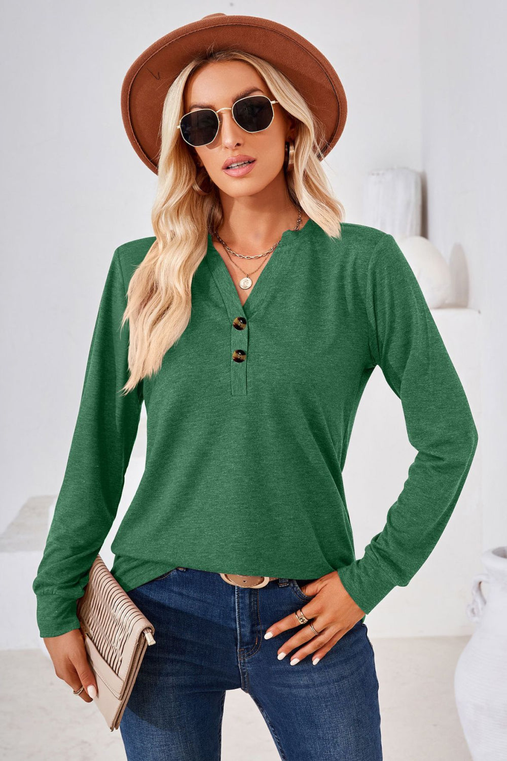 V-Neck Buttoned Long Sleeve Blouse, view 14