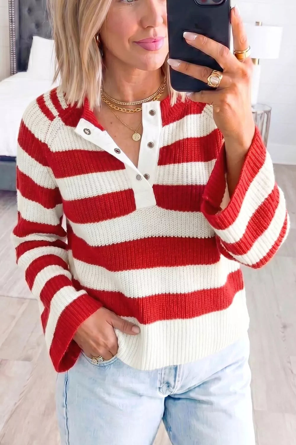 Striped Colorblock V Neck Long Sleeve Shift Sweater