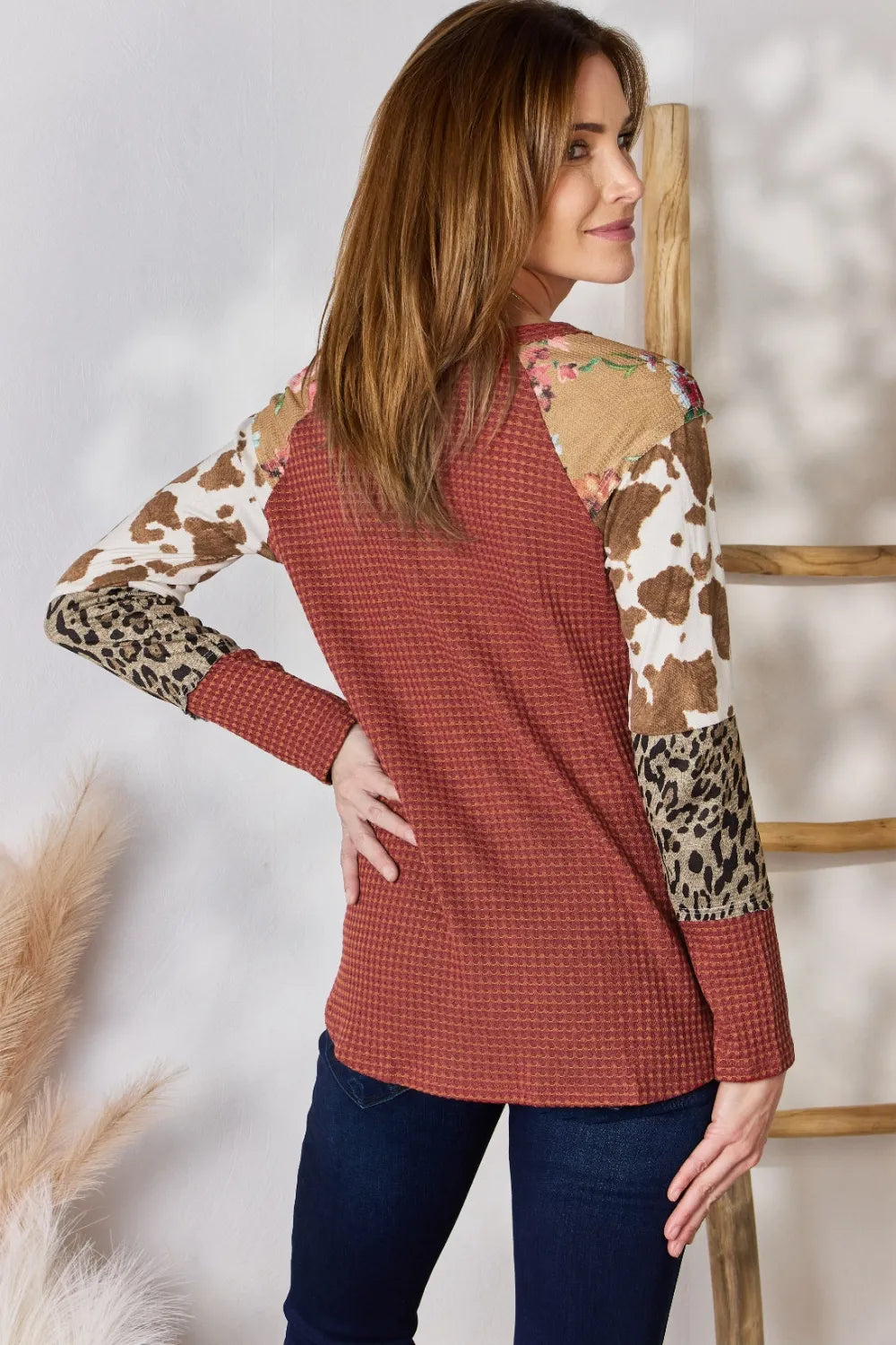 Hailey & Co Full Size Leopard Waffle-Knit Blouse - Lilixa.store