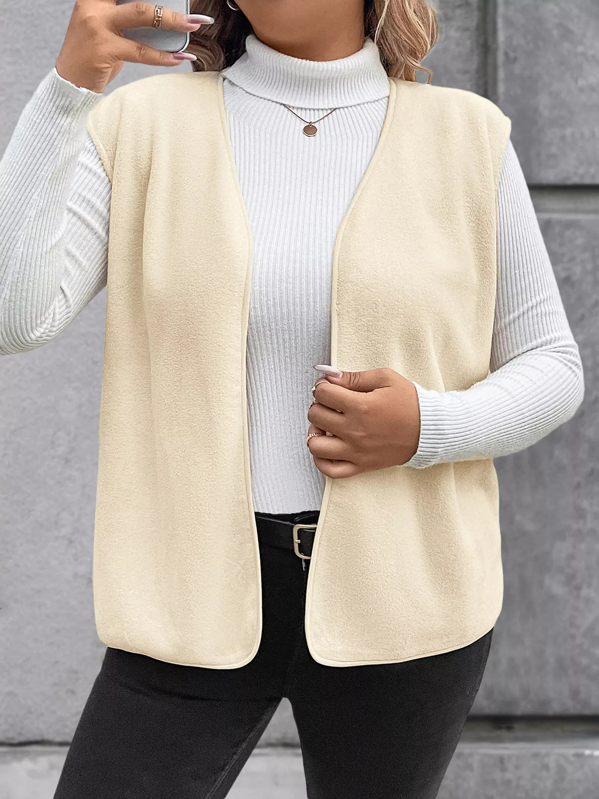 Full Size Open Front Vest Coat Plus Size in Apricot, view 9