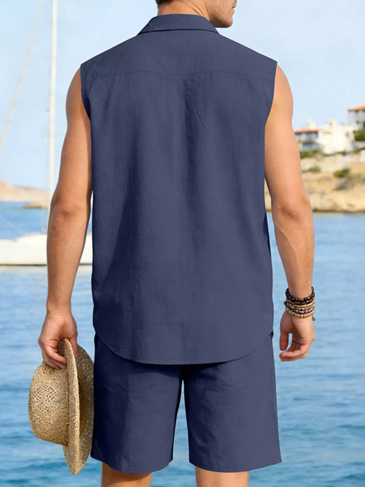 Men's Full Size Button Up Sleeveless Top and Shorts Plus Size - Lilixa.store