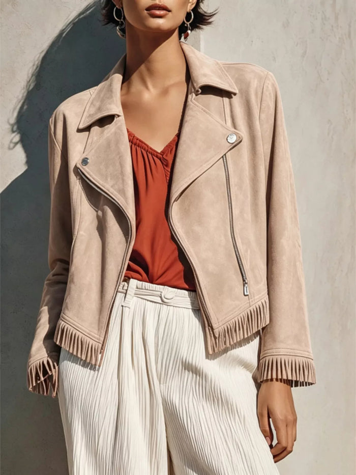 Faux Suede Fringe Moto Jacket in Beige