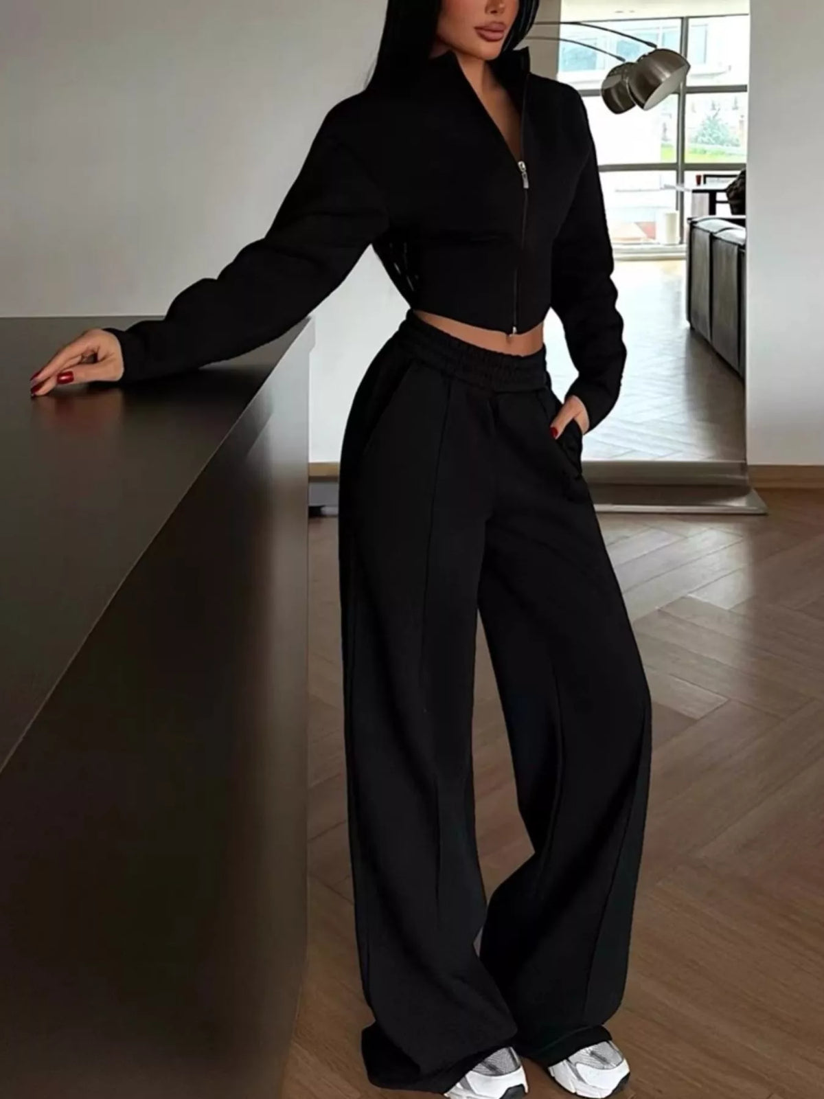 Zip-Up Crop Jacket and Wide-Leg Pants Set - Lilixa.store