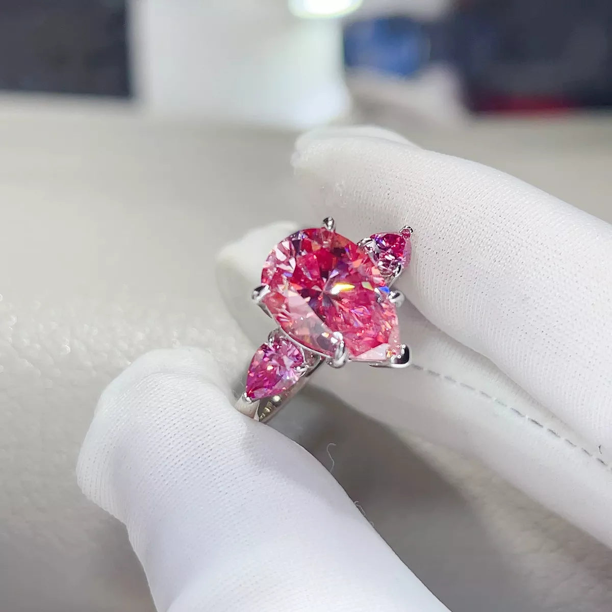 6 Carat Moissanite 925 Sterling Silver Teardrop Ring in Pink, view 3