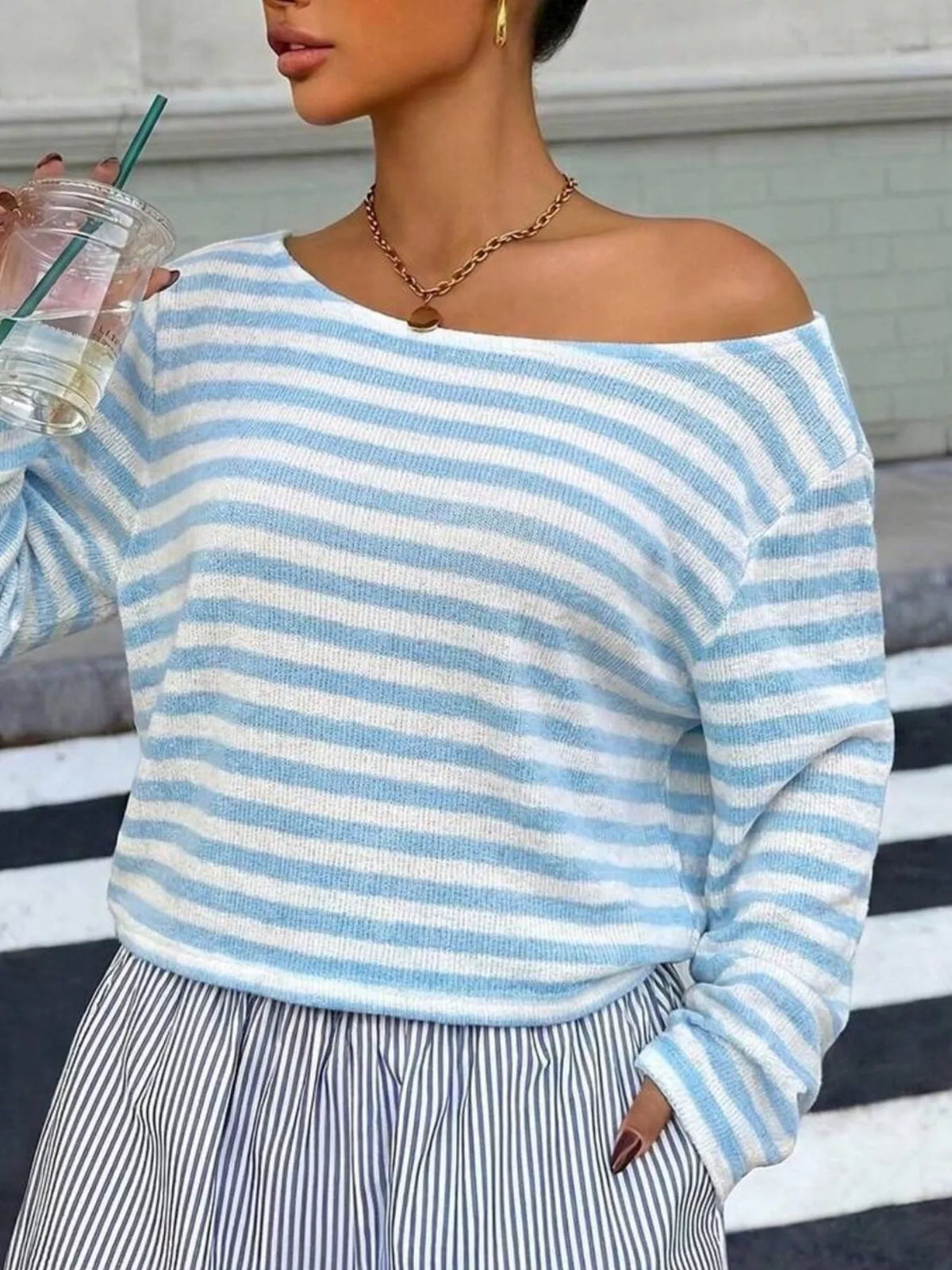 Boat Neck Striped Long Sleeve T-Shirt