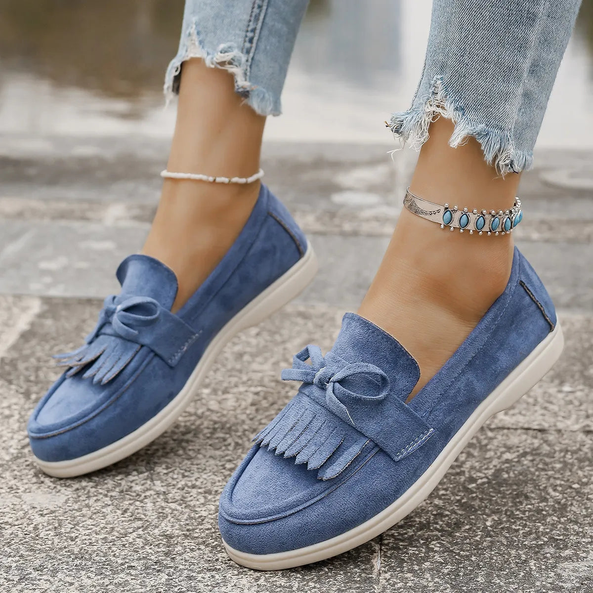 Round Toe Flats Loafers in Dusty Blue