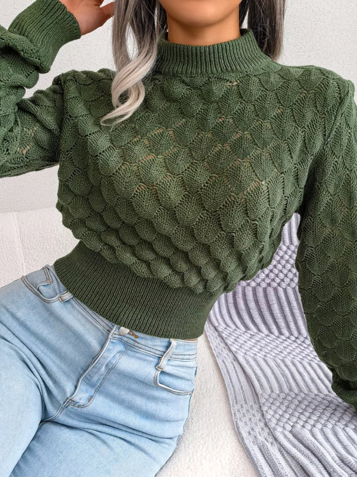 Mock Neck Textured Cropped Sweater