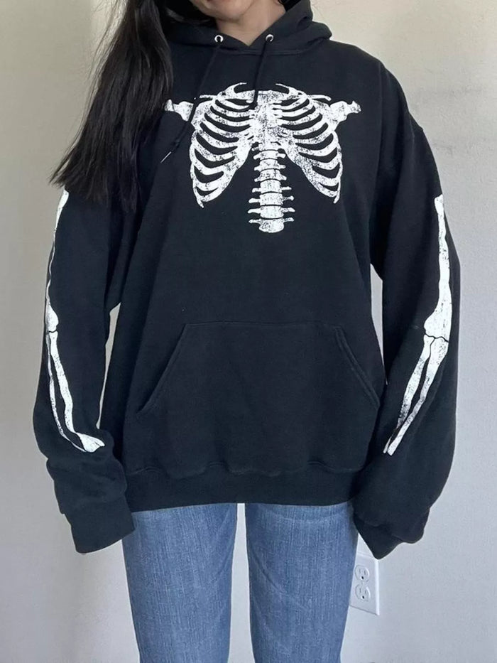 Drawstring Skeleton Long Sleeve Hoodie in Black