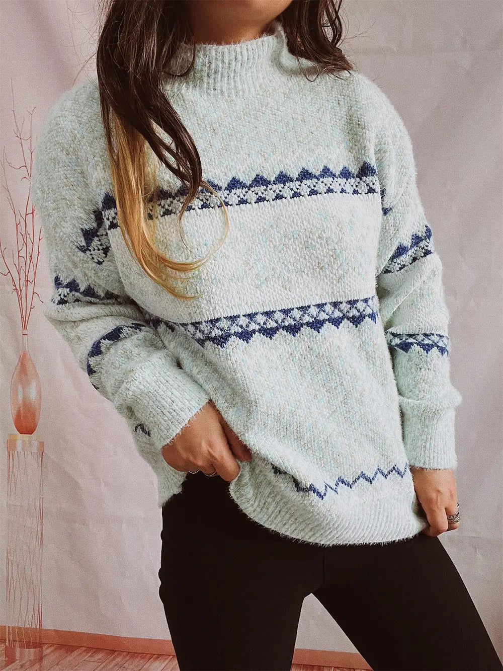 Geometric Mock Neck Dropped Shoulder Sweater, view 7