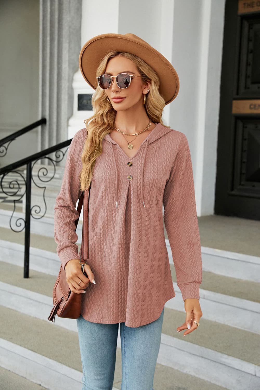 Long Sleeve Hooded Blouse in Dusty Pink