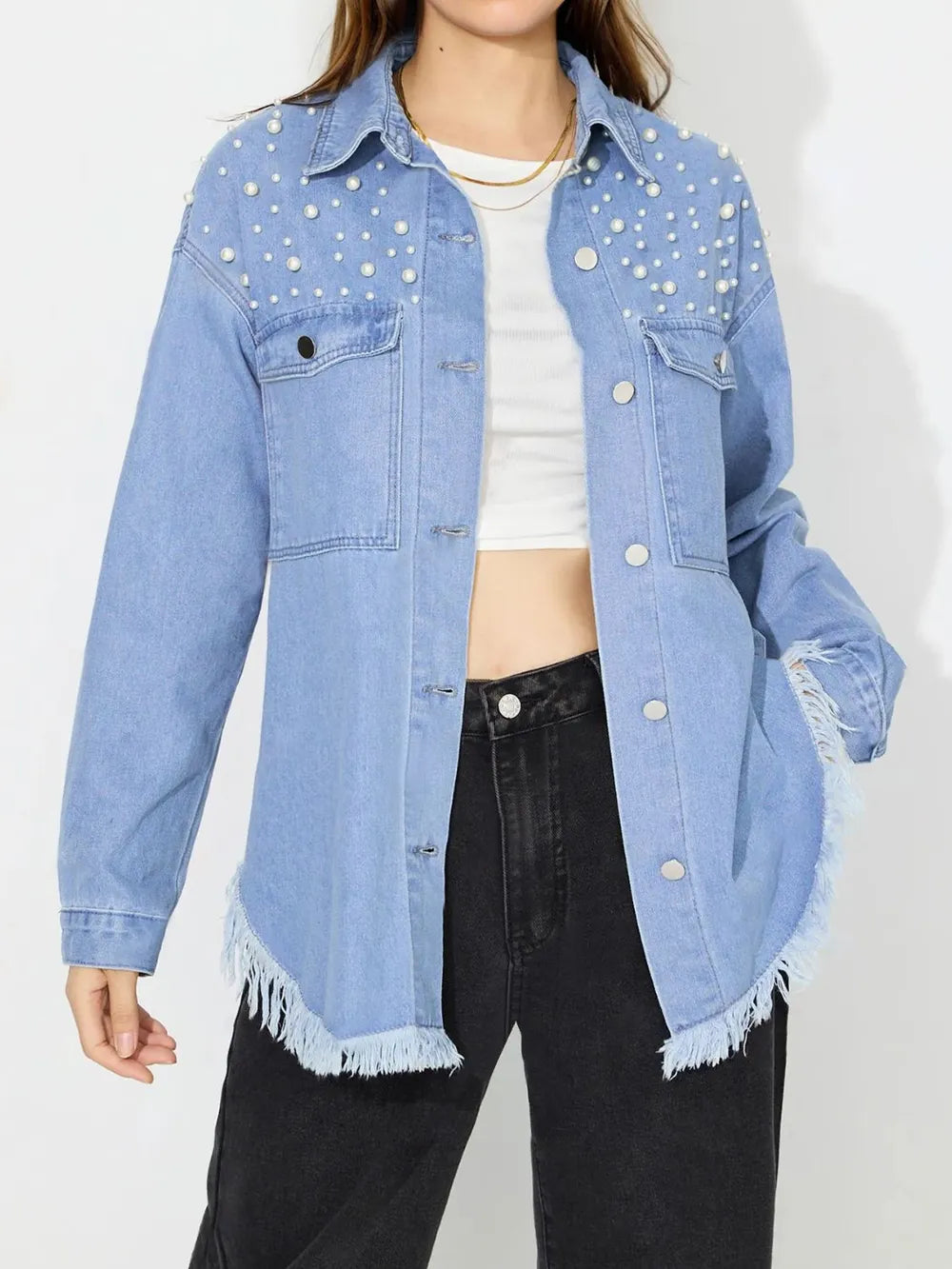 Raw Hem Pearl Trim Collared Neck Denim Top - Lilixa.store