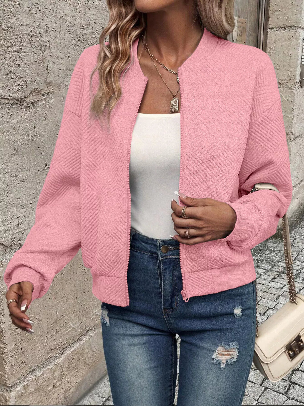 Textured Knit Zip-Up Jacket - Lilixa.store