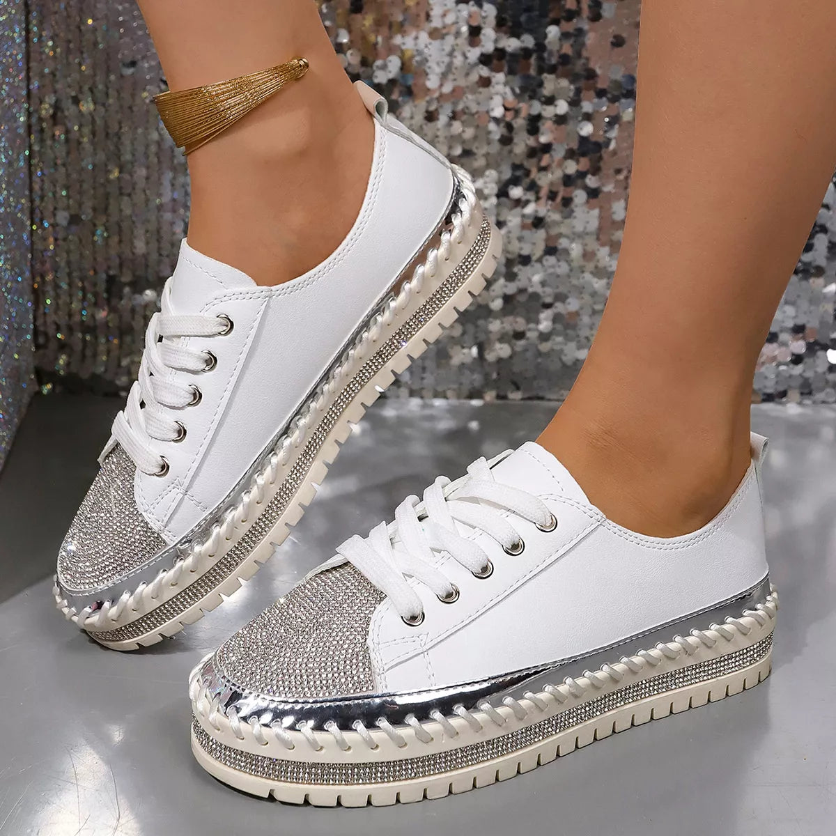 Rhinestone Round Toe Sneakers - Lilixa.store