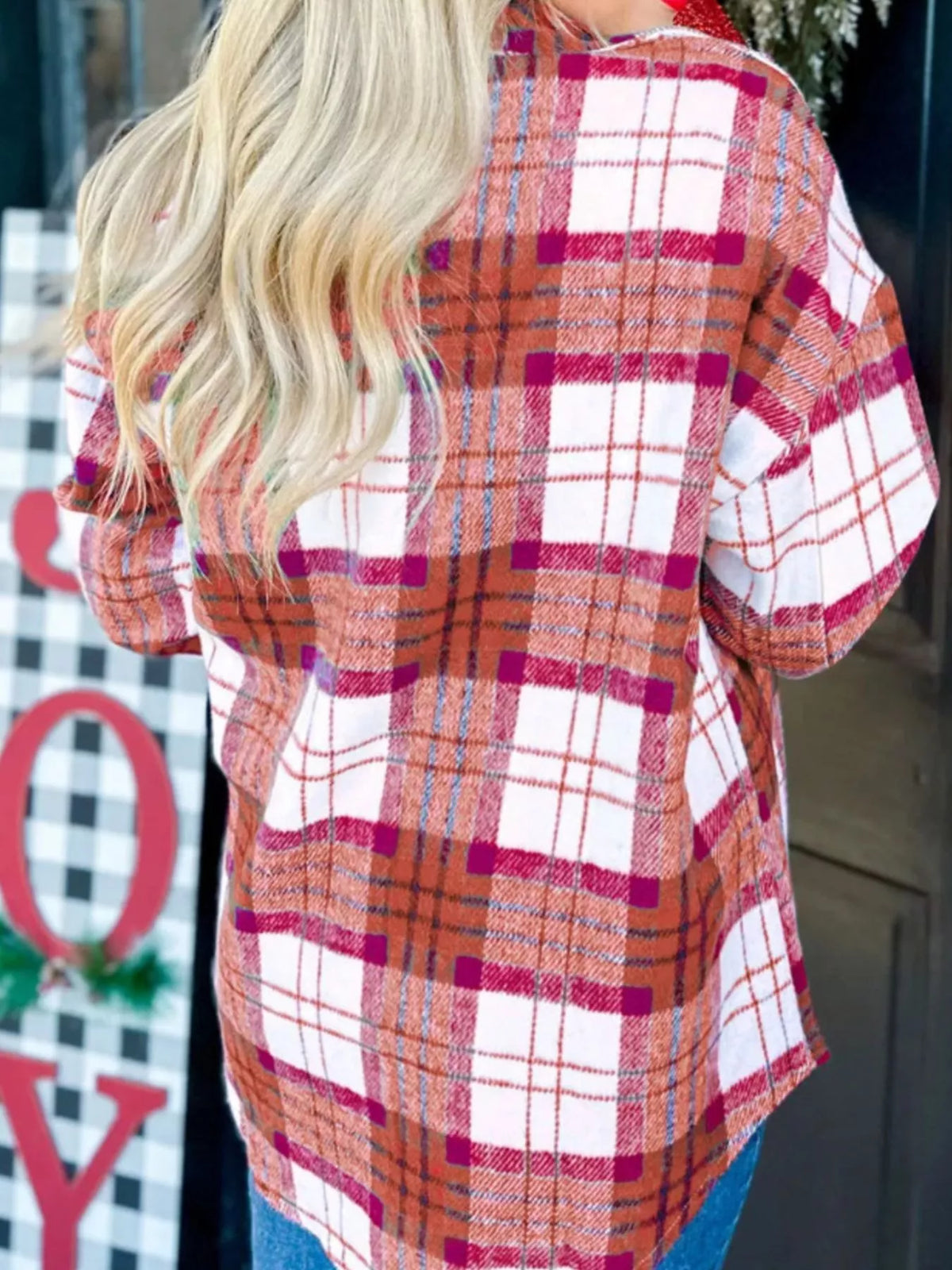 Plaid Button-Down Long Sleeve Shacket, view 8