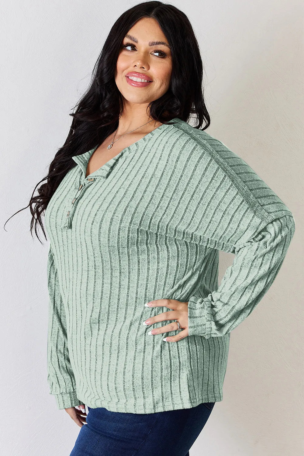 Basic Bae Full Size Ribbed Half Button Long Sleeve T-Shirt - Lilixa.store