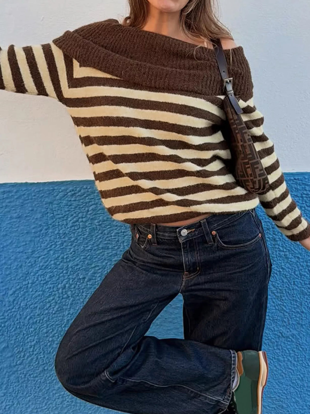Off-Shoulder Striped Knit Top - Lilixa.store