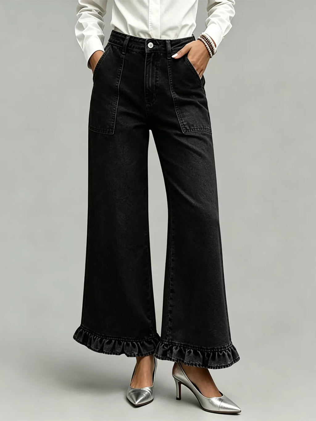 High-Waisted Wide-Leg Ruffle Hem Jeans - Lilixa.store