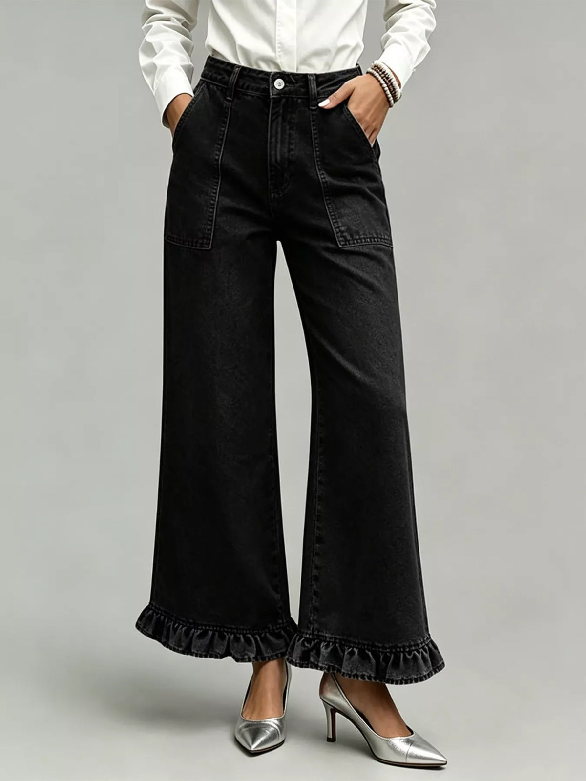 High-Waisted Wide-Leg Ruffle Hem Jeans - Lilixa.store