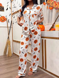 Halloween Pumpkin Print Button-Down Top and Pants Set - Lilixa.store