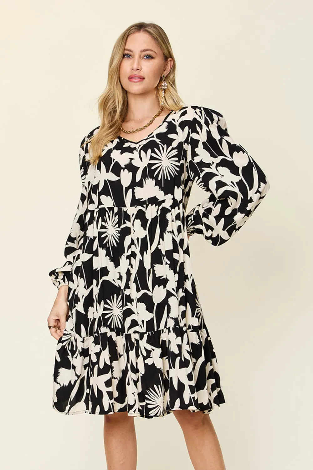 Double Take Full Size Printed Ruffle Hem Dress with Pocket - Lilixa.store