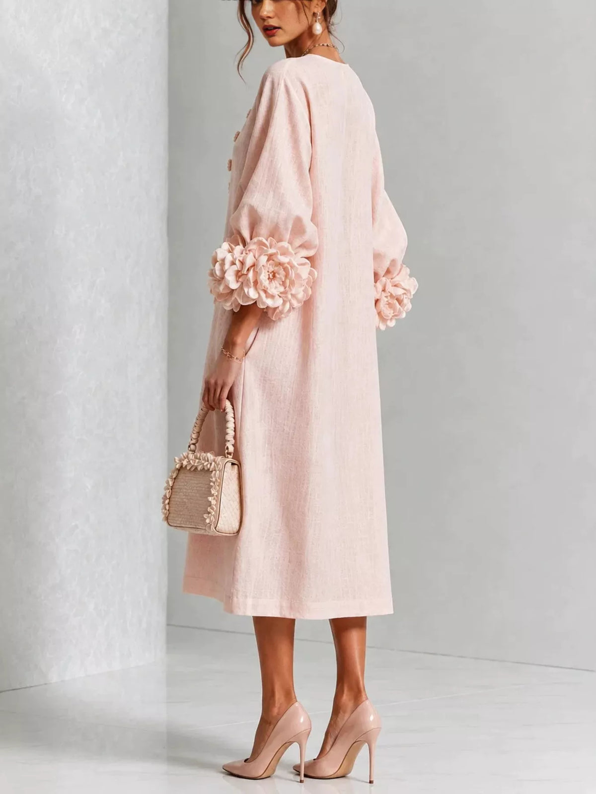 3D Floral Round Neck Midi Dress