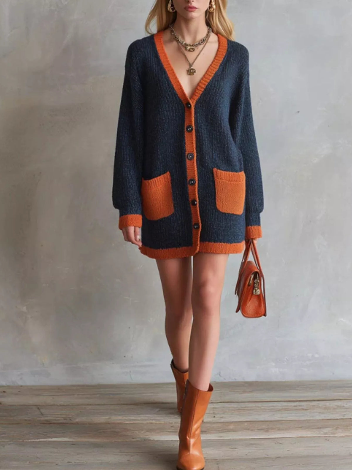 Color-Block V-Neck Button-Down Knit Cardigan - Lilixa.store