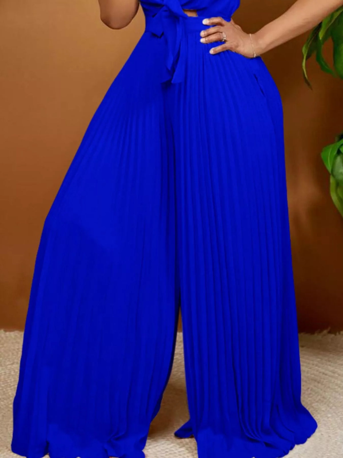 Full Size Tie Front Pleated Wide Leg Jumpsuit Plus Size - Lilixa.store