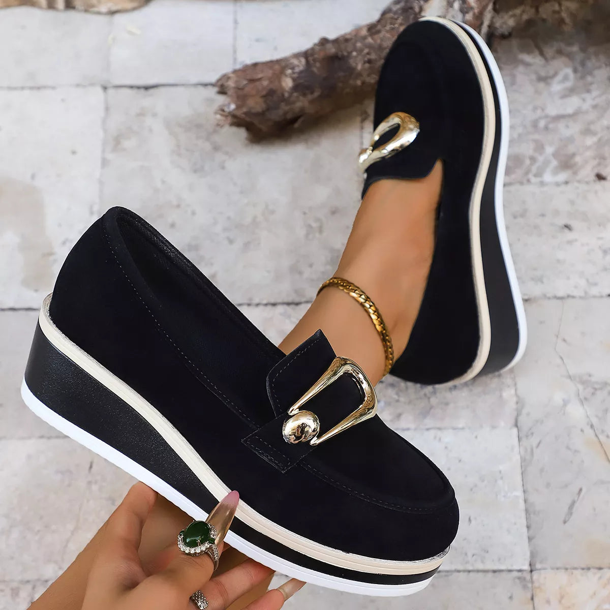 Round Toe Wedge Loafers in Black, view 3