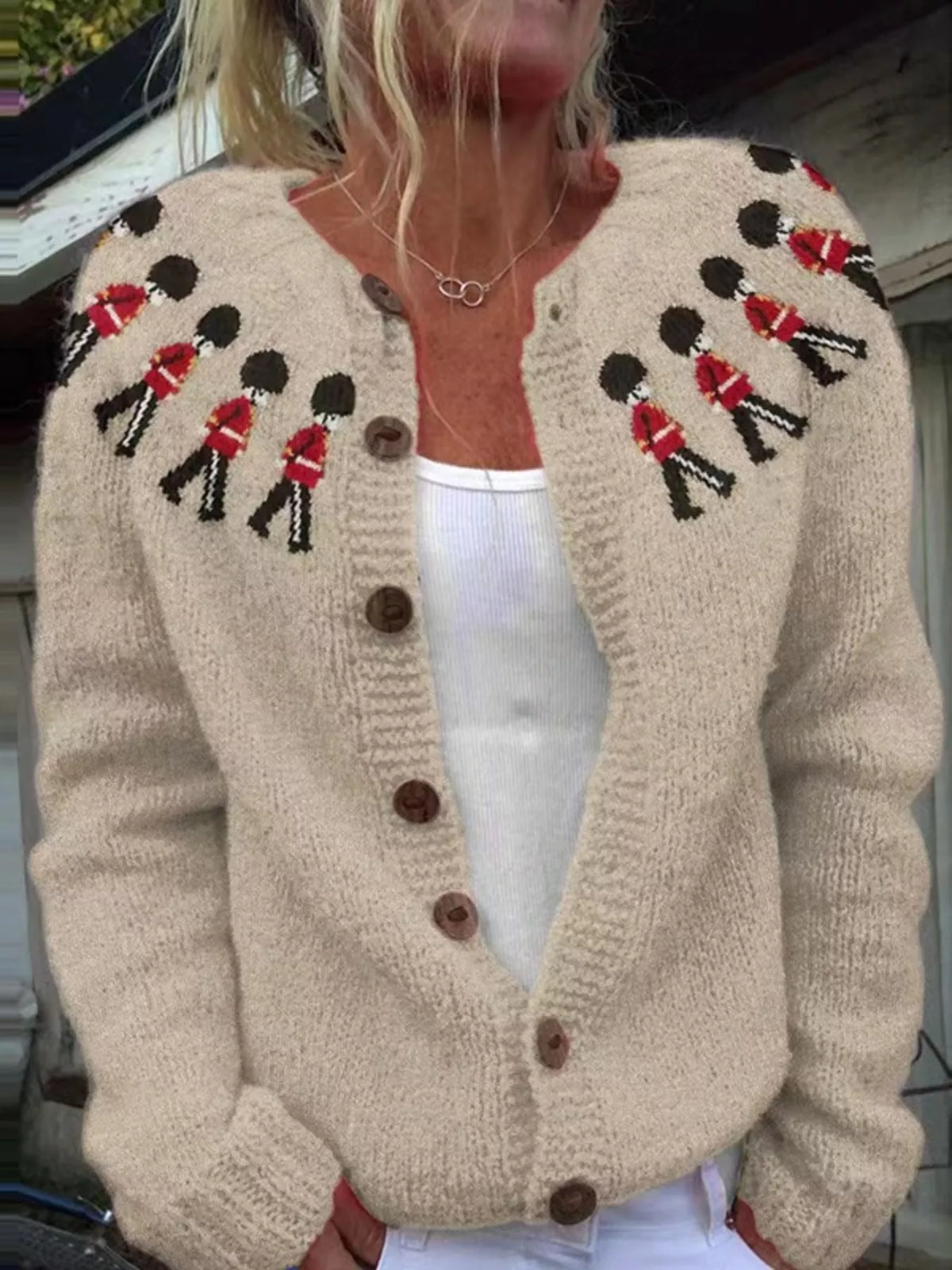Full Size Vintage British Guard Pattern Knit Cardigan Plus Size in Tan