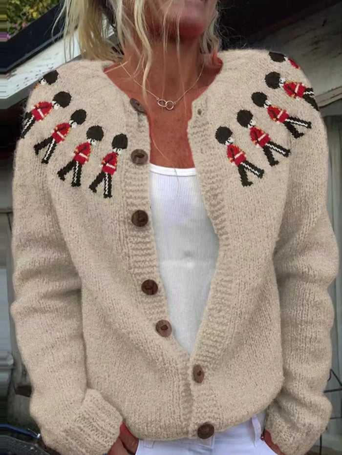 Full Size Vintage British Guard Pattern Knit Cardigan Plus Size in Tan