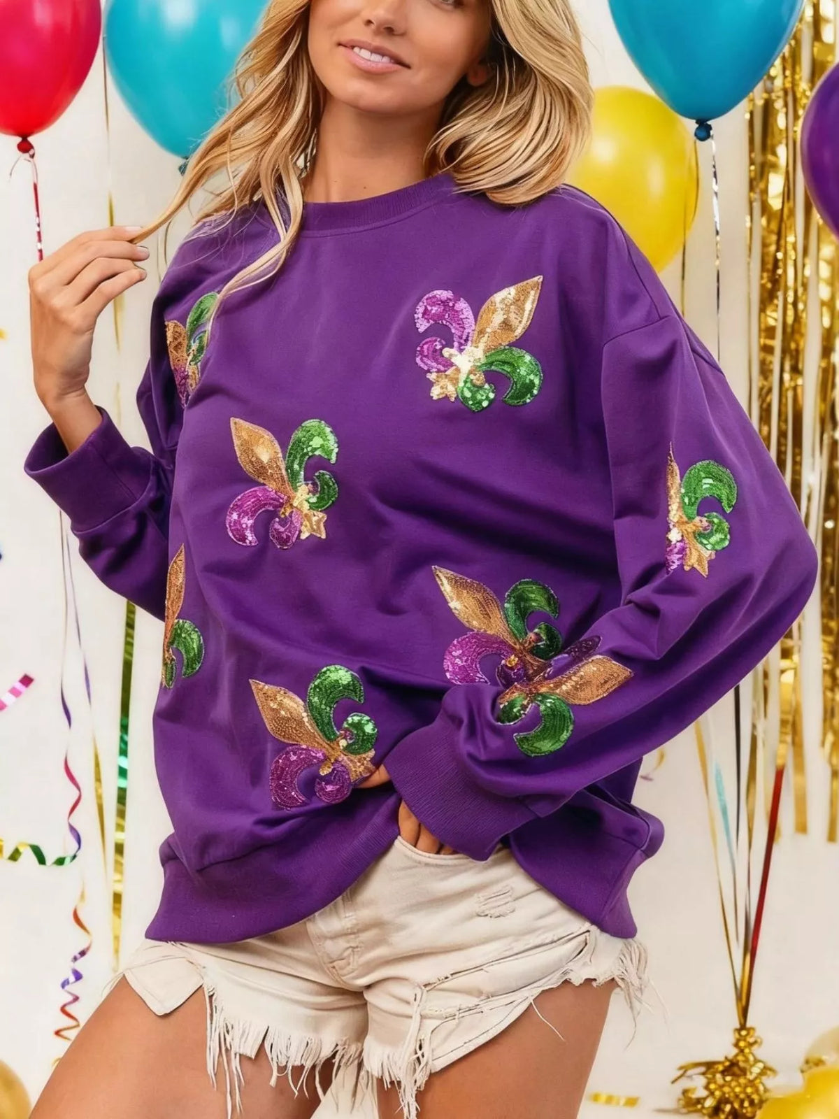 Mardi Gras Sequin Crew Neck Sweatshirt in Purple