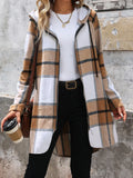 Drawstring Plaid Zip Up Long Sleeve Hooded Outerwear - Lilixa.store