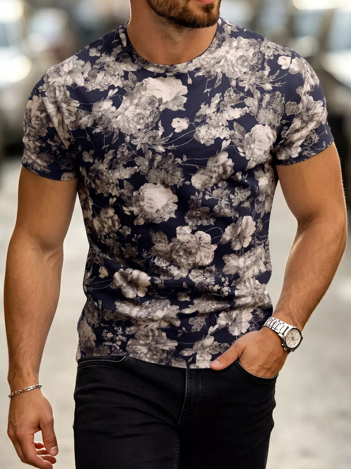 Men's Plus Size Floral Print Slim Fit T-Shirt - Lilixa.store