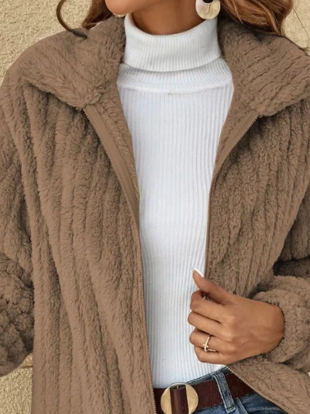 Full Size Zip-Up Long Sleeve Texture Jacket Plus Size