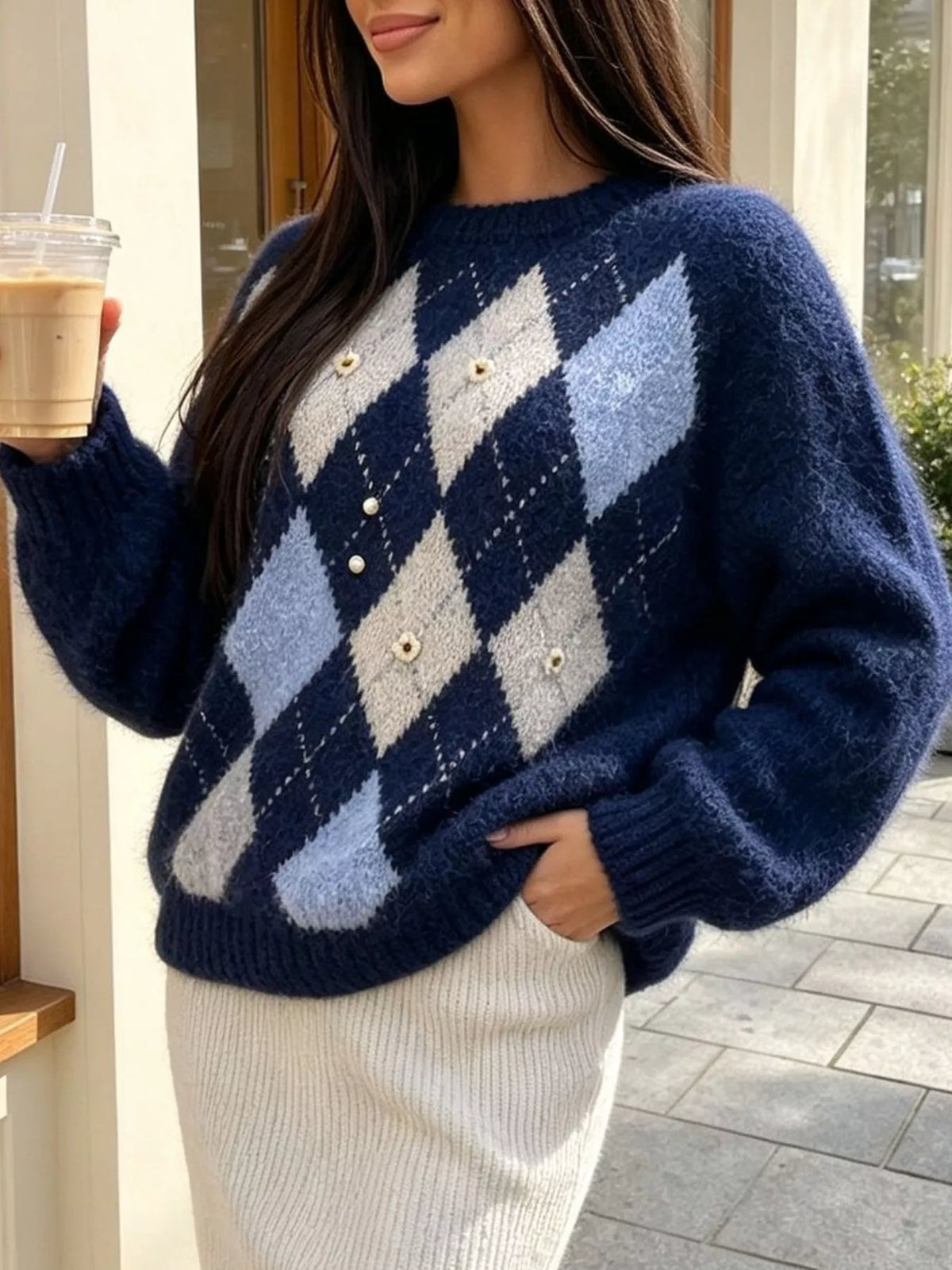 Argyle Pattern Raglan Sleeve Sweater, view 14