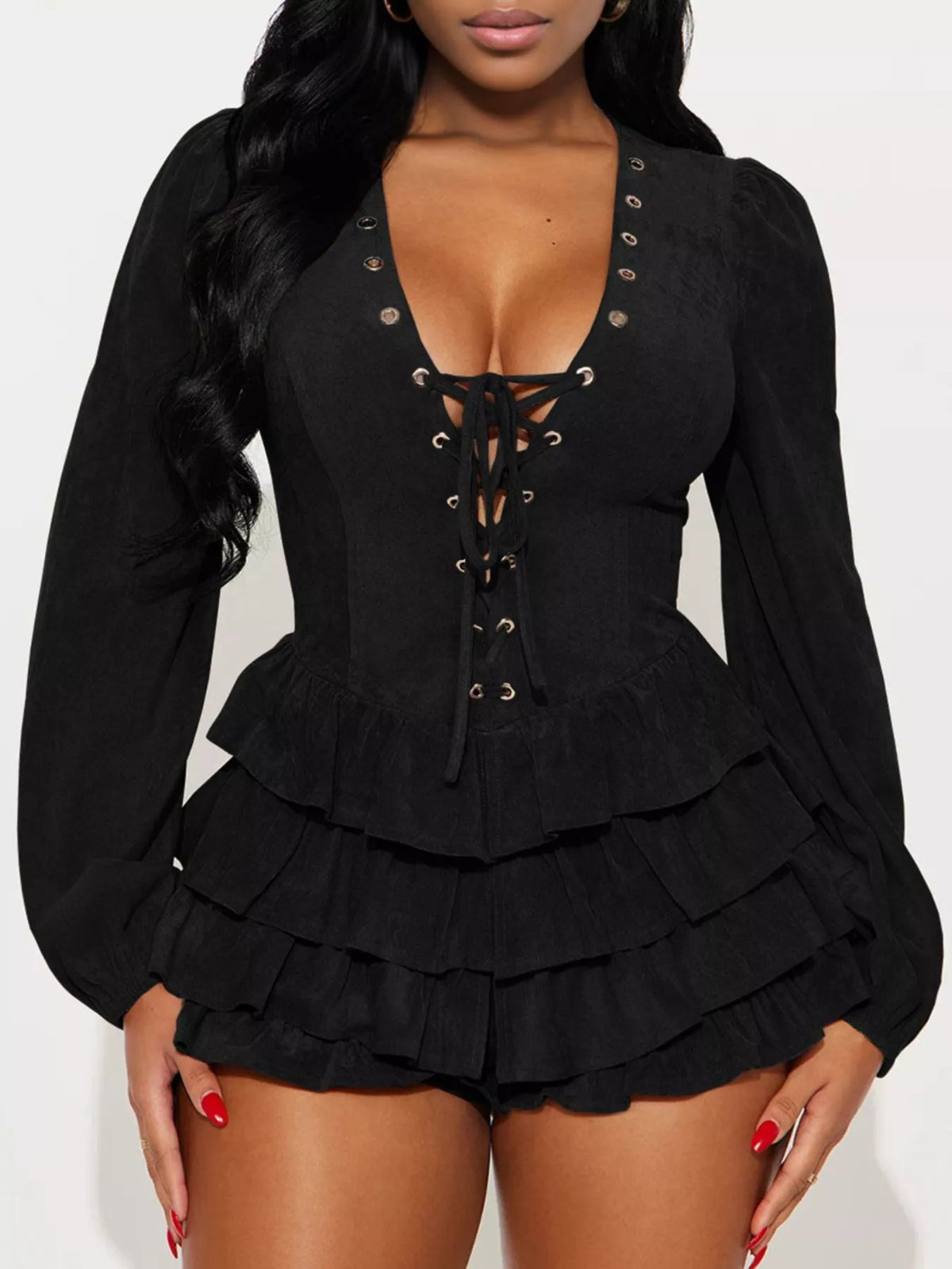 Lace-Up Ruffle Hem Long Sleeve Mini Dress - Lilixa.store