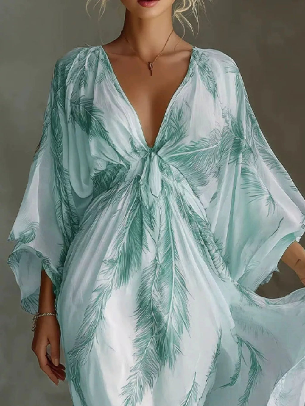 Full Size Feather Print V-Neck Flowy Maxi Dress Plus Size - Lilixa.store